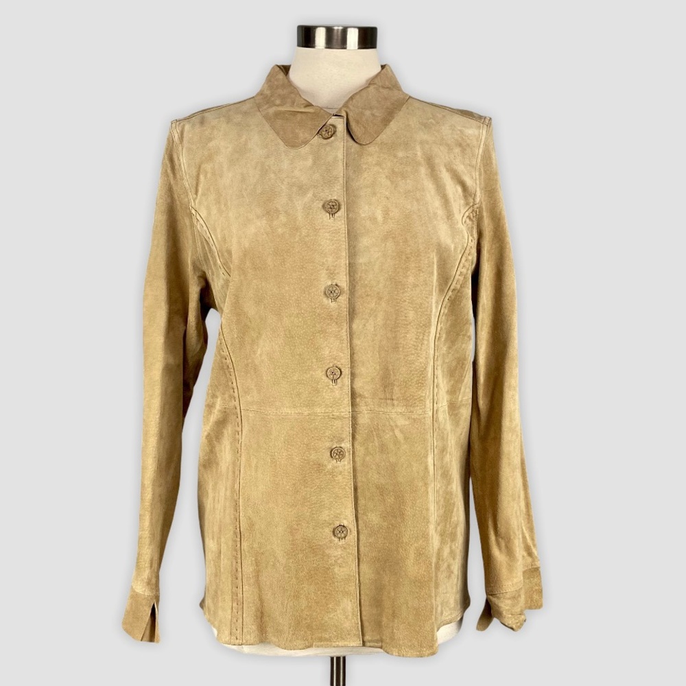 JG Hook Womens Tan Suede Leather Long Jacket Button Front Washable size 12